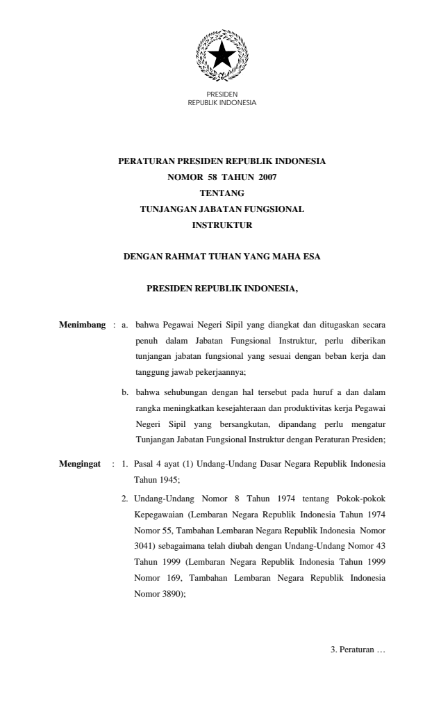 Peraturan Presiden Nomor 58 Tahun 2007