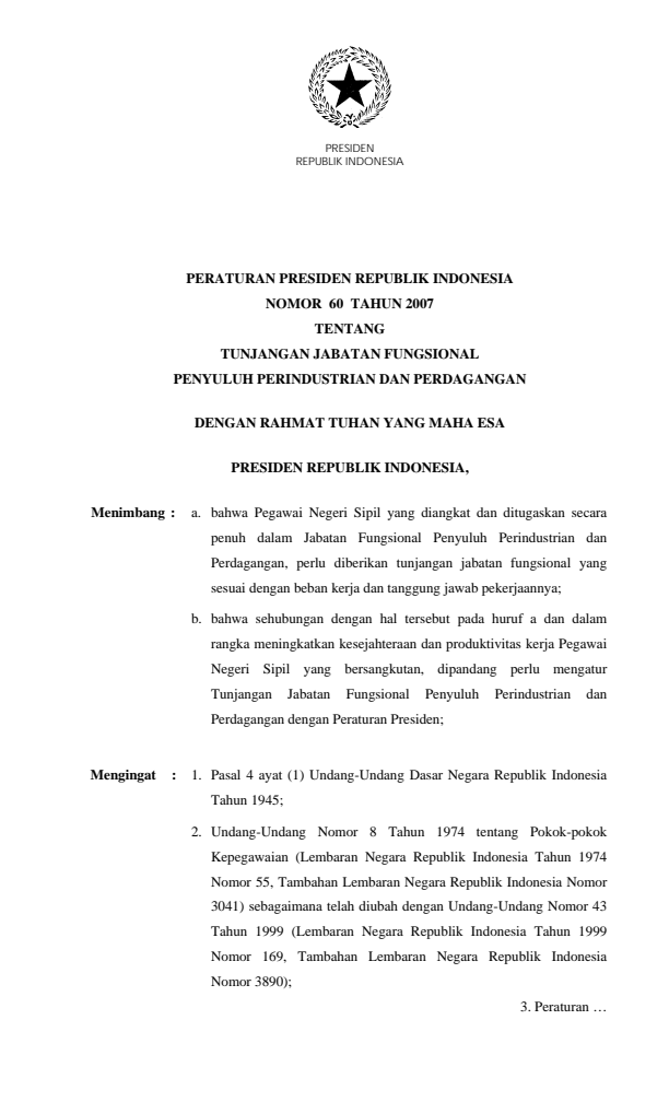 Peraturan Presiden Nomor 60 Tahun 2007