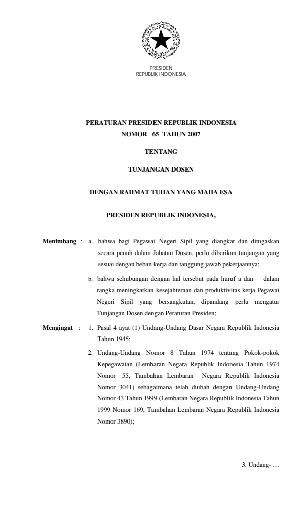 Peraturan Presiden Nomor 65 Tahun 2007