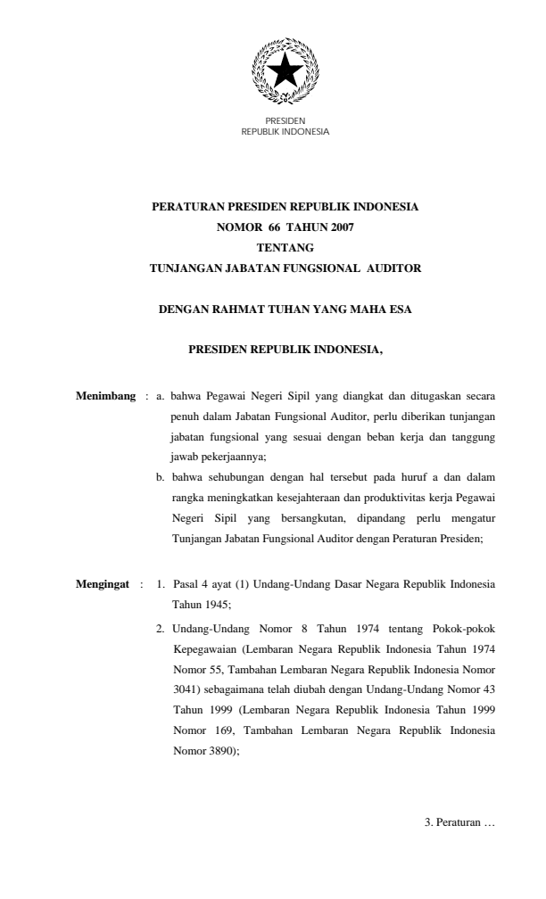 Peraturan Presiden Nomor 66 Tahun 2007