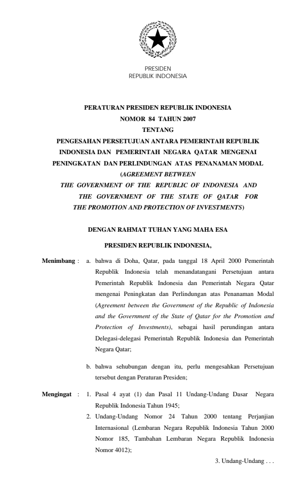 Peraturan Presiden Nomor 84 Tahun 2007