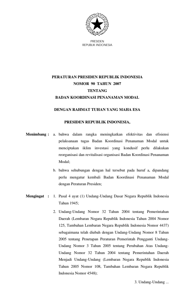 Peraturan Presiden Nomor 90 Tahun 2007