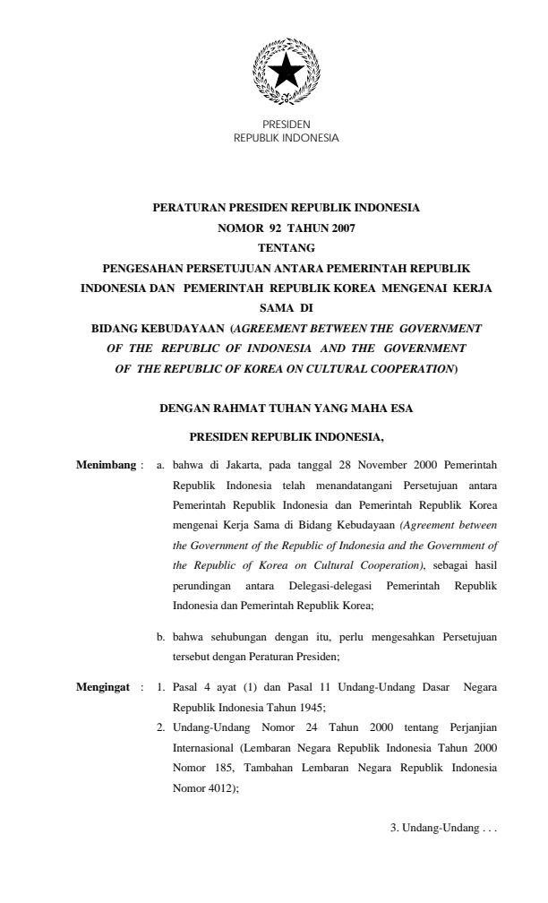 Peraturan Presiden Nomor 92 Tahun 2007