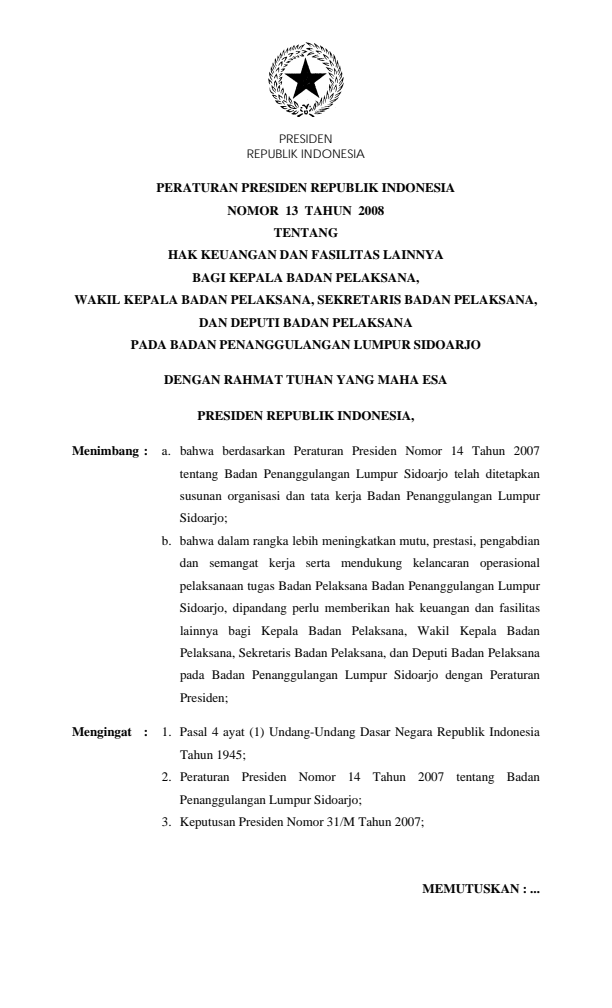 Peraturan Presiden Nomor 13 Tahun 2008