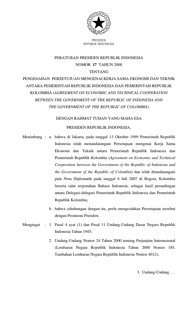 Peraturan Presiden Nomor 17 Tahun 2008