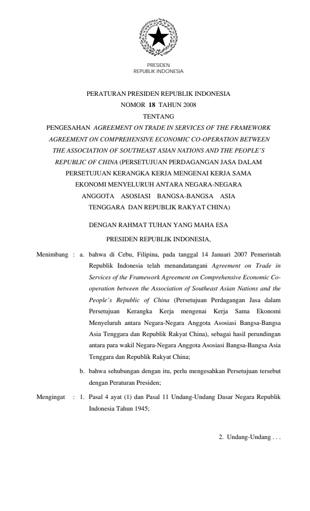 Peraturan Presiden Nomor 18 Tahun 2008