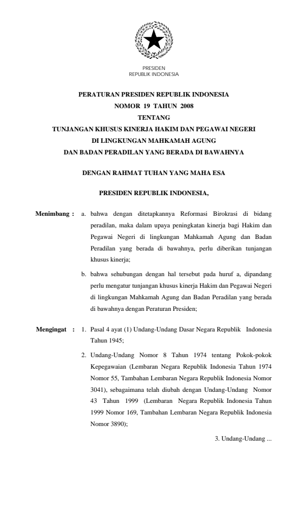 Peraturan Presiden Nomor 19 Tahun 2008