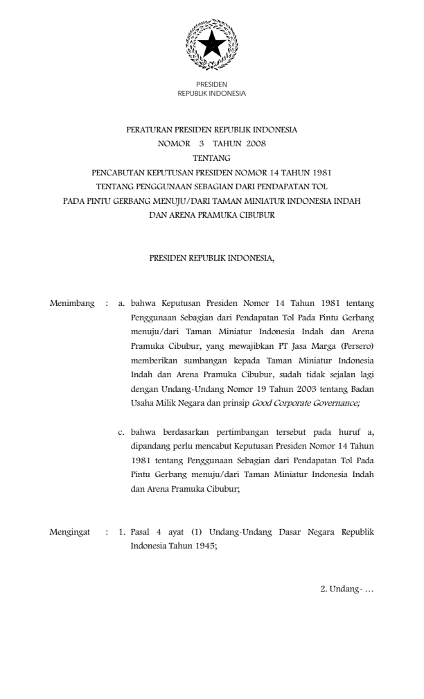Peraturan Presiden Nomor 3 Tahun 2008