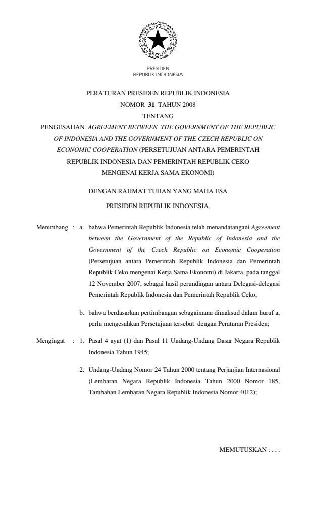 Peraturan Presiden Nomor 31 Tahun 2008