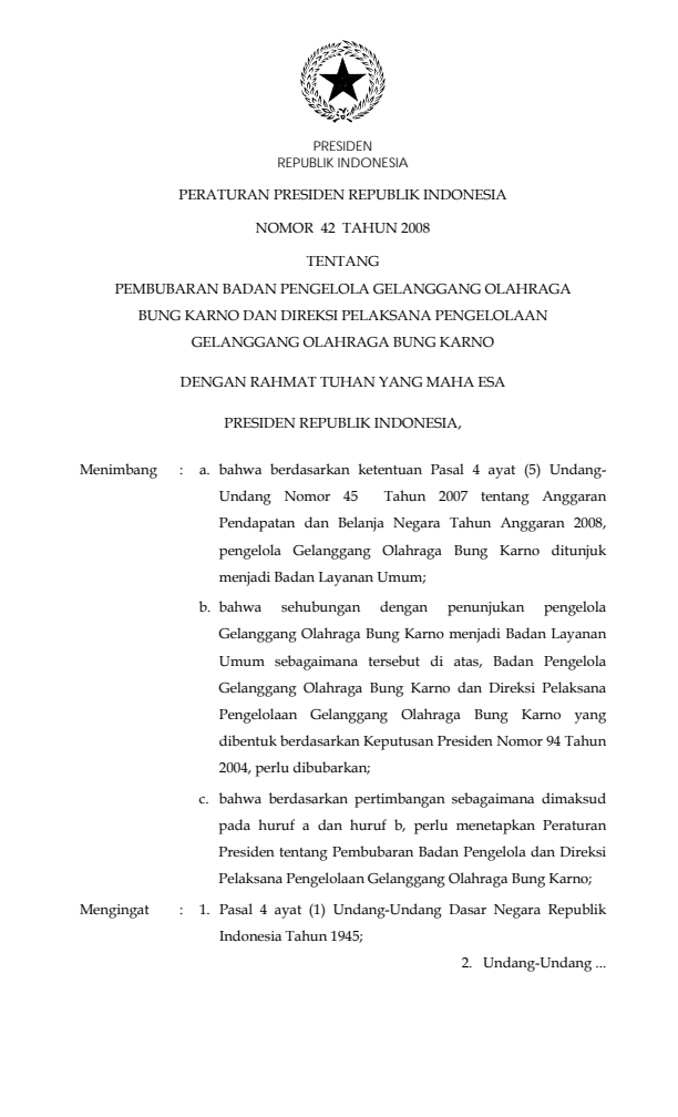 Peraturan Presiden Nomor 42 Tahun 2008