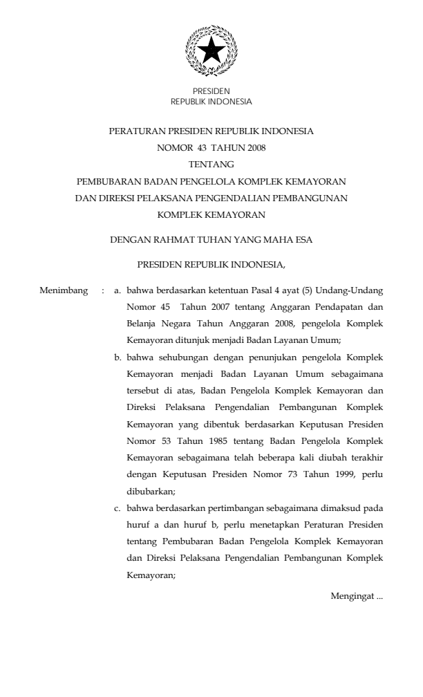 Peraturan Presiden Nomor 43 Tahun 2008