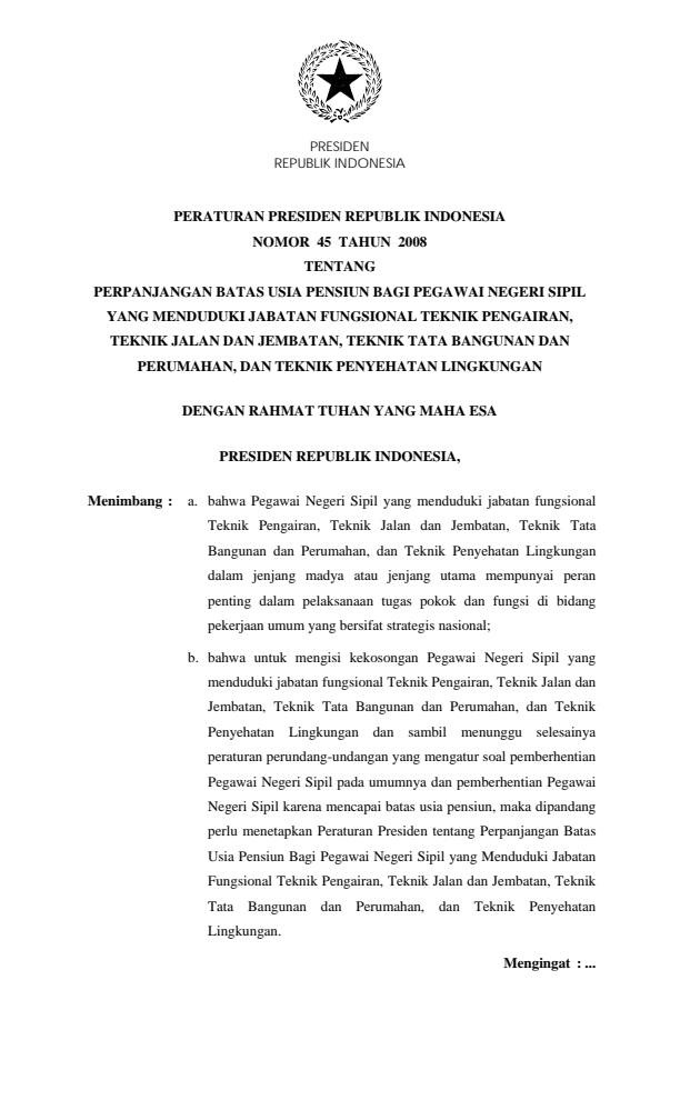 Peraturan Presiden Nomor 45 Tahun 2008