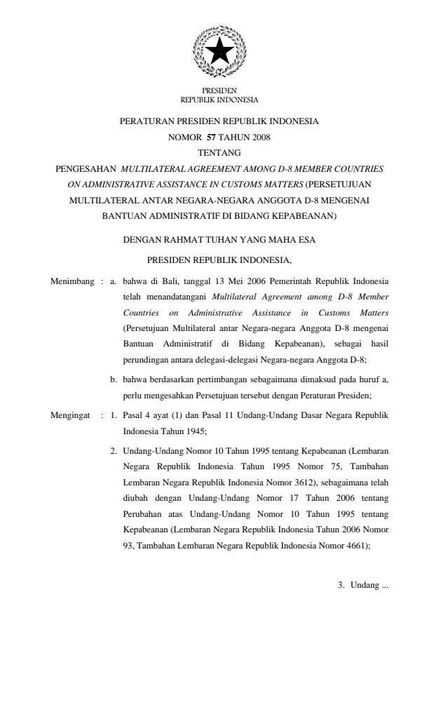 Peraturan Presiden Nomor 57 Tahun 2008