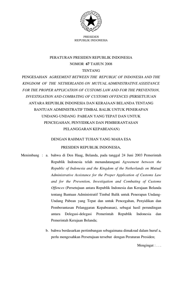 Peraturan Presiden Nomor 67 Tahun 2008