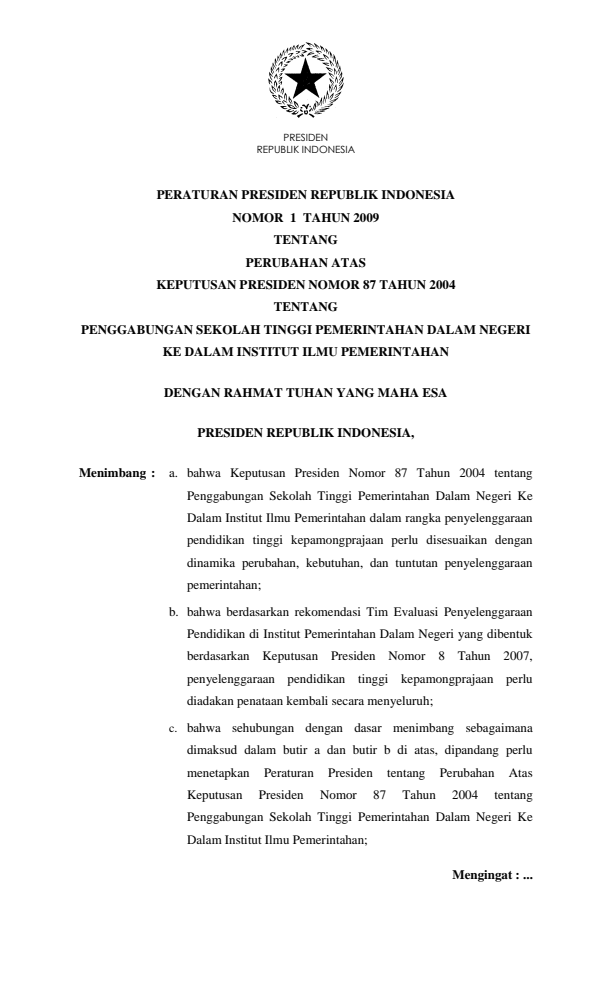 Peraturan Presiden Nomor 1 Tahun 2009