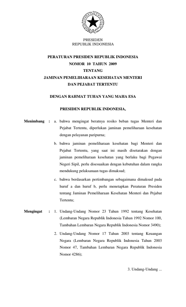 Peraturan Presiden Nomor 10 Tahun 2009