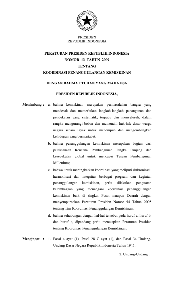 Peraturan Presiden Nomor 13 Tahun 2009