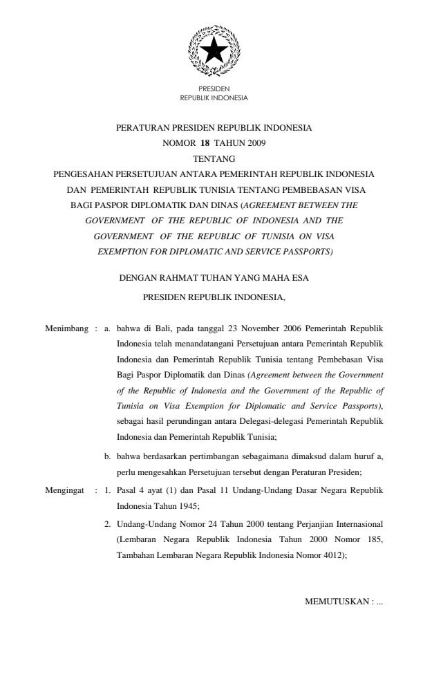 Peraturan Presiden Nomor 18 Tahun 2009