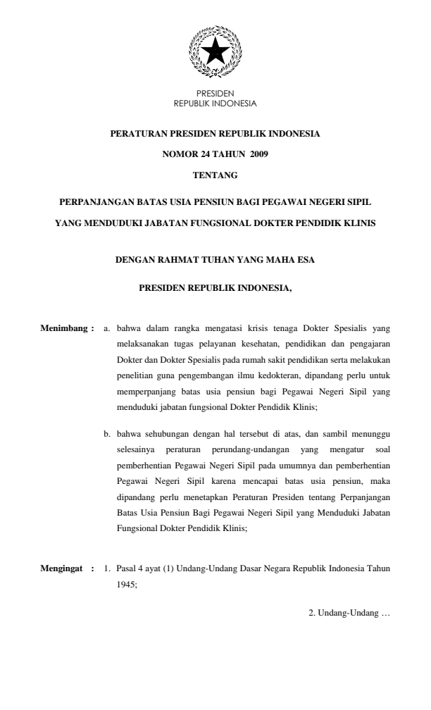 Peraturan Presiden Nomor 24 Tahun 2009