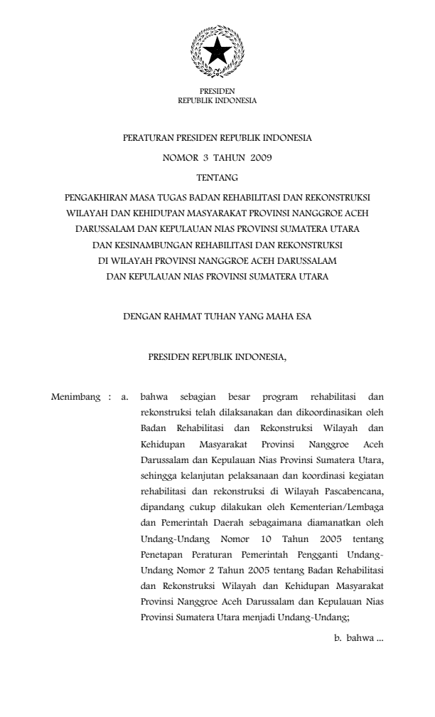 Peraturan Presiden Nomor 3 Tahun 2009