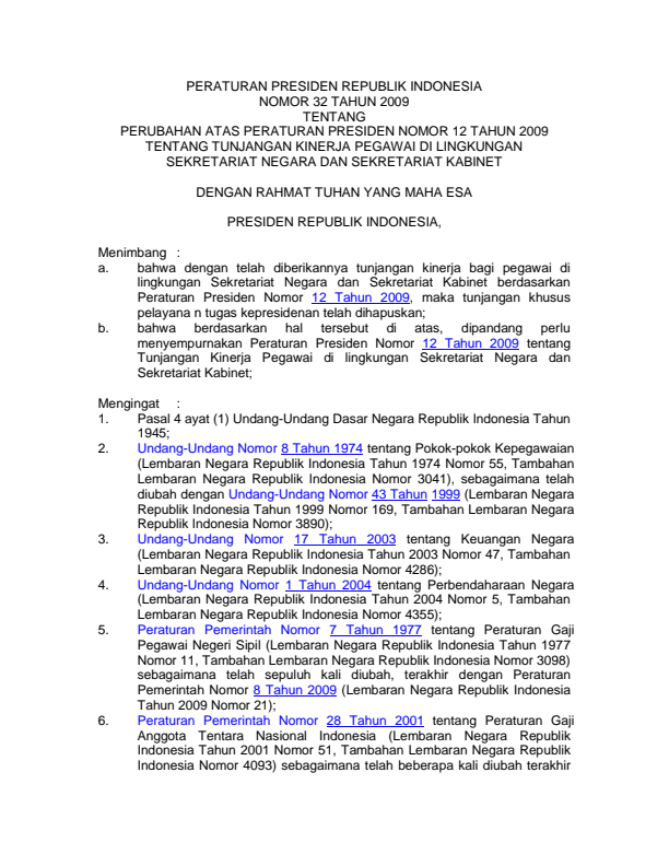 Peraturan Presiden Nomor 32 Tahun 2009