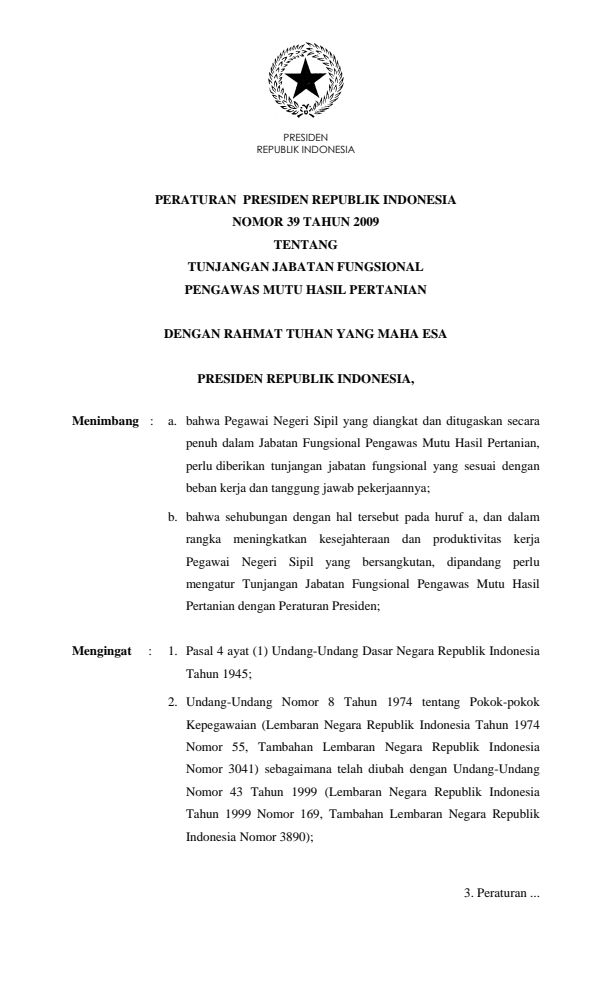 Peraturan Presiden Nomor 39 Tahun 2009