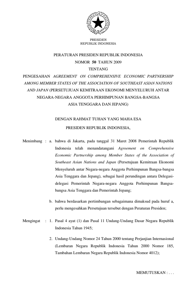 Peraturan Presiden Nomor 50 Tahun 2009