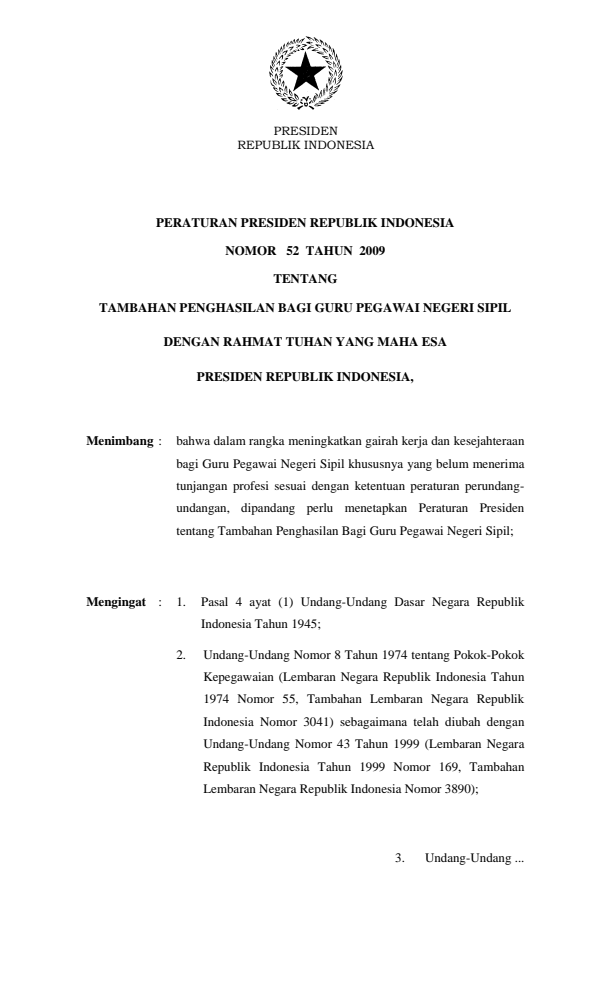 Peraturan Presiden Nomor 52 Tahun 2009