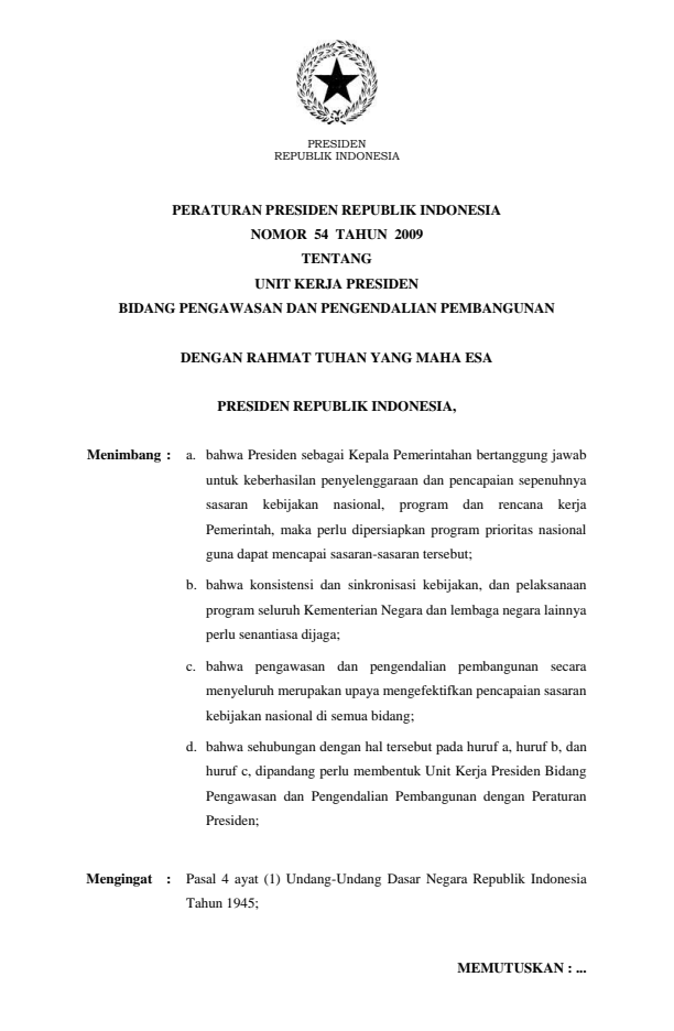 Peraturan Presiden Nomor 54 Tahun 2009