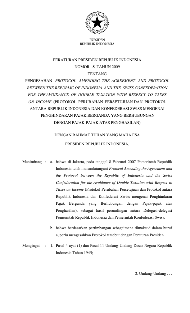 Peraturan Presiden Nomor 8 Tahun 2009