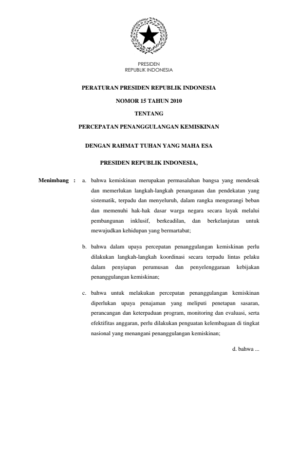 Peraturan Presiden Nomor 15 Tahun 2010