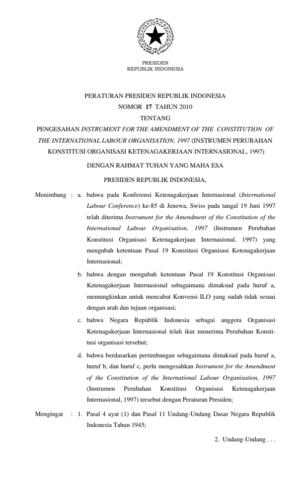 Peraturan Presiden Nomor 17 Tahun 2010