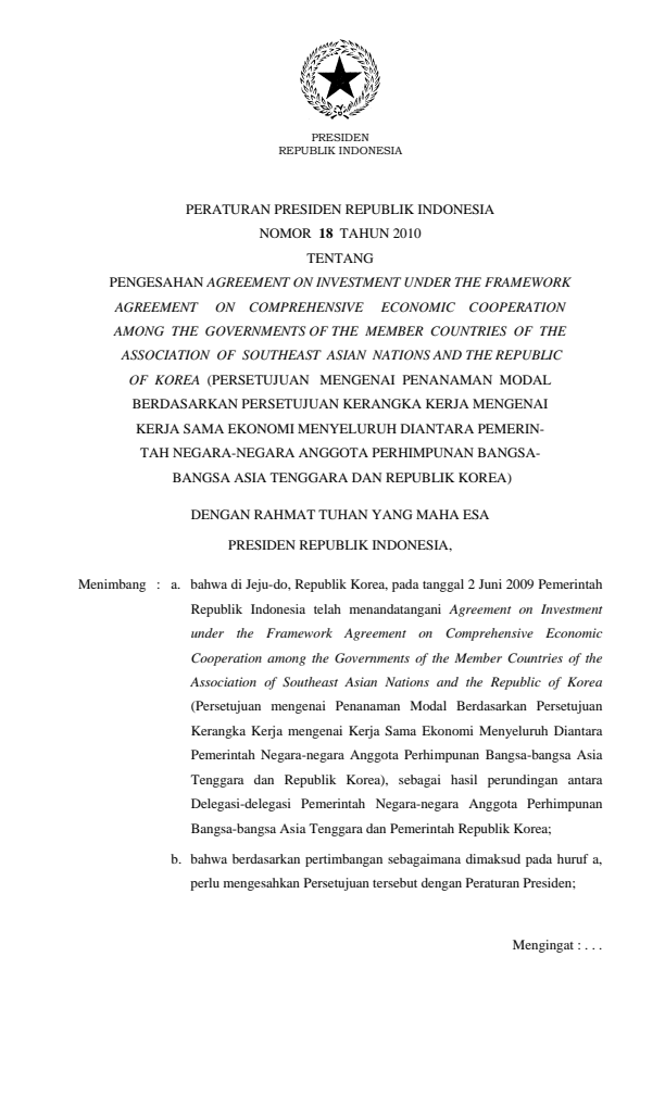 Peraturan Presiden Nomor 18 Tahun 2010