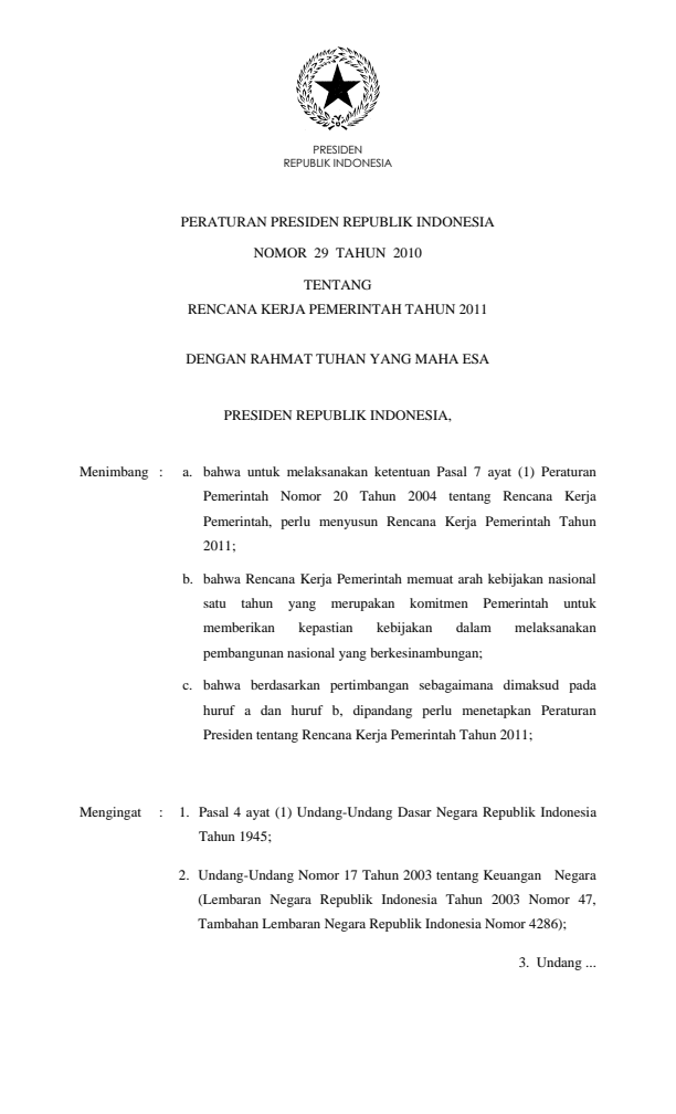 Peraturan Presiden Nomor 29 Tahun 2010