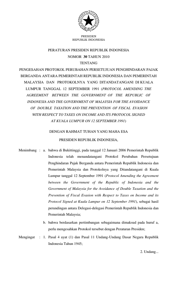 Peraturan Presiden Nomor 30 Tahun 2010