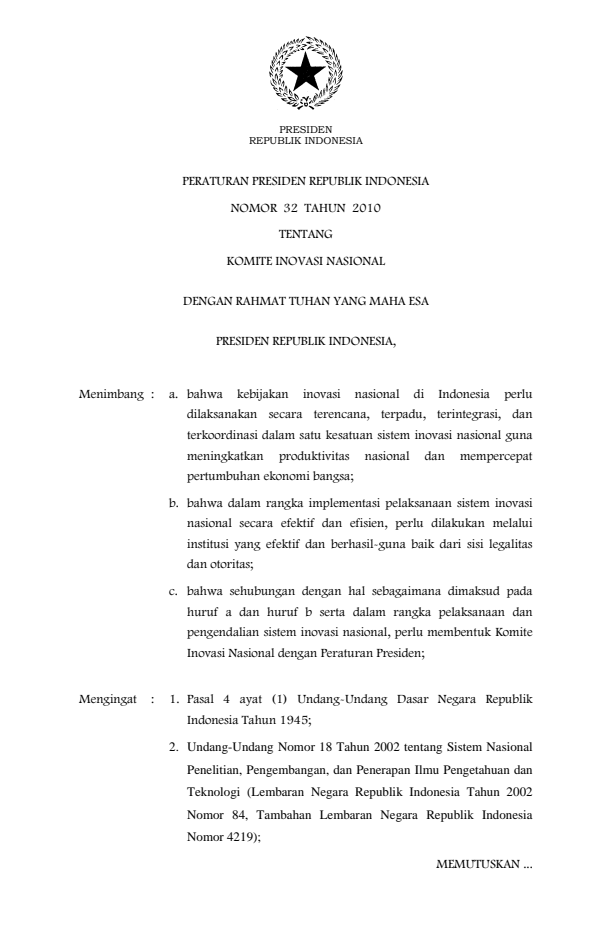 Peraturan Presiden Nomor 32 Tahun 2010