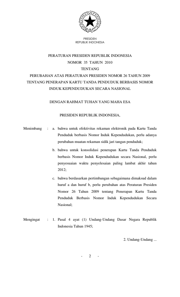 Peraturan Presiden Nomor 35 Tahun 2010