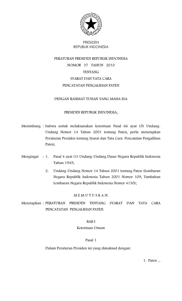 Peraturan Presiden Nomor 37 Tahun 2010