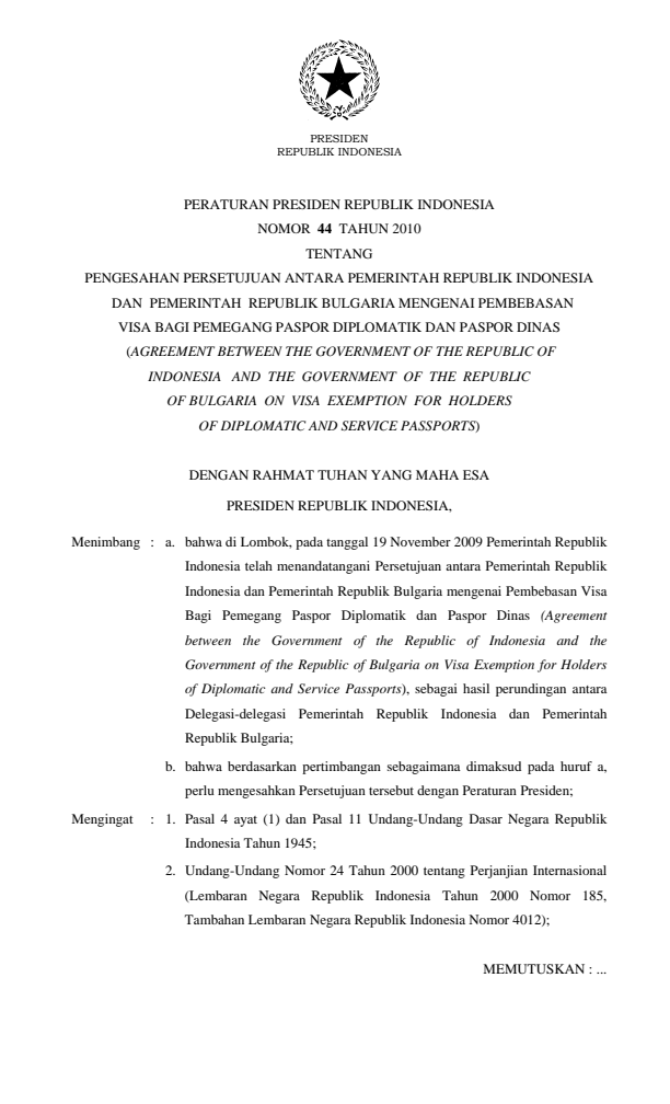 Peraturan Presiden Nomor 44 Tahun 2010