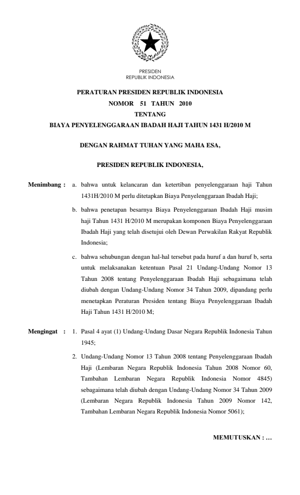 Peraturan Presiden Nomor 51 Tahun 2010