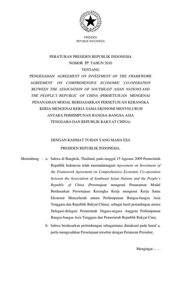 Peraturan Presiden Nomor 57 Tahun 2010