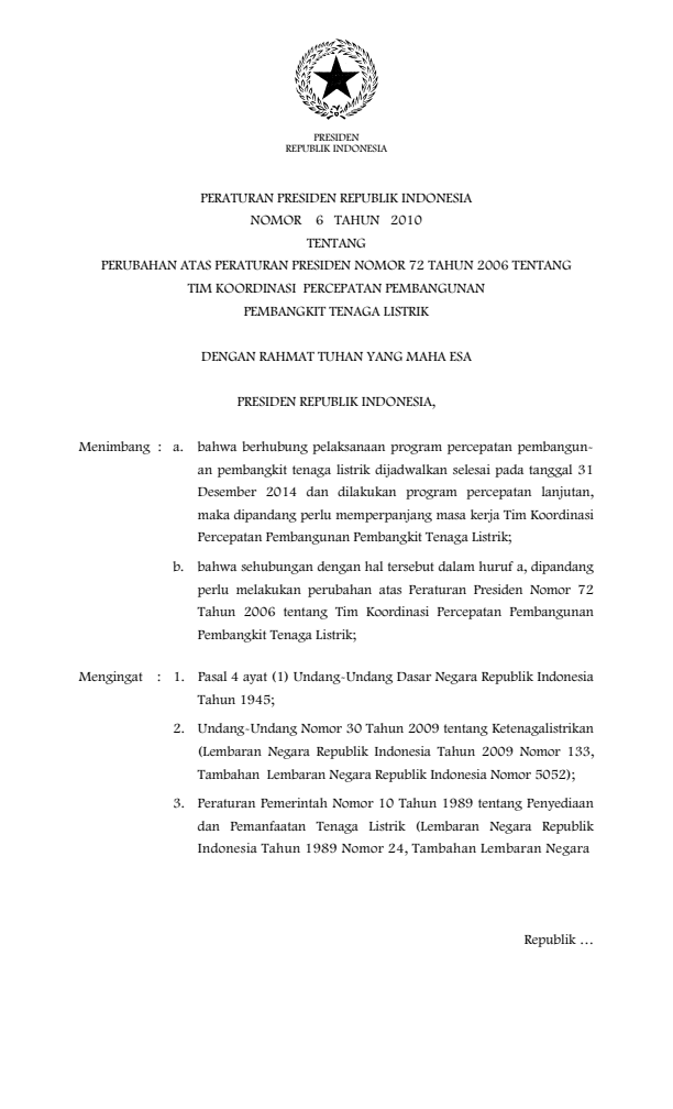 Peraturan Presiden Nomor 6 Tahun 2010