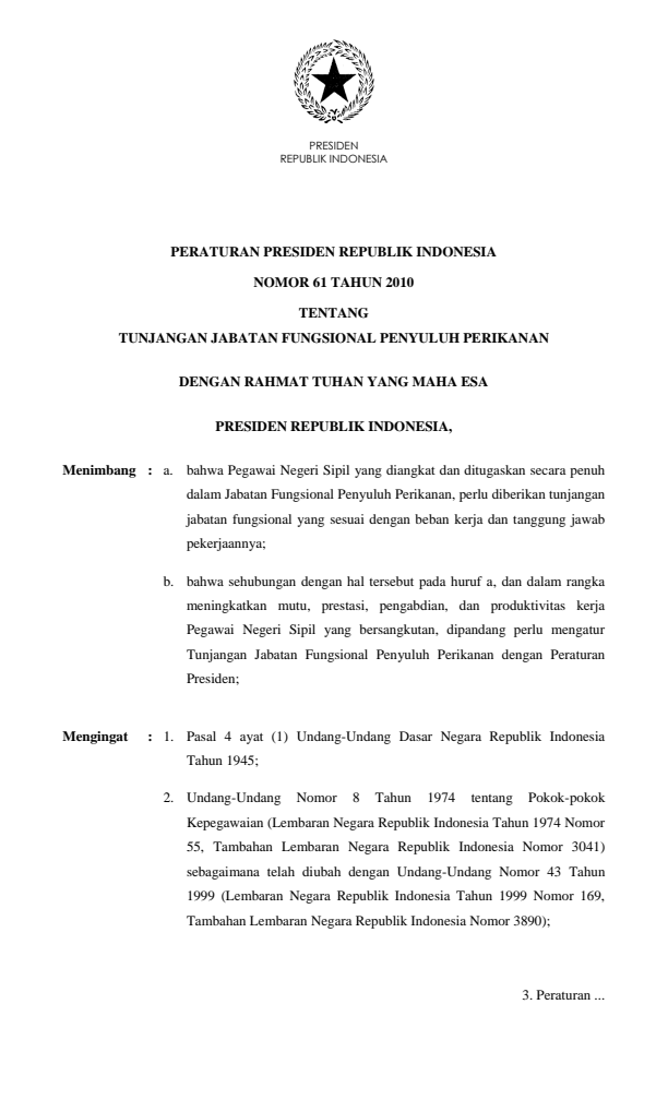 Peraturan Presiden Nomor 61 Tahun 2010