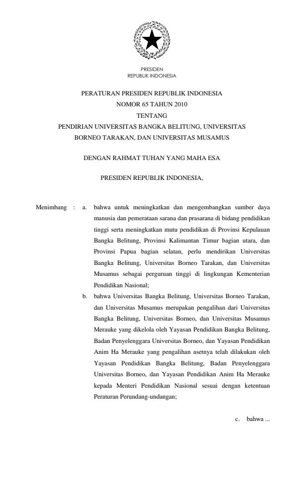 Peraturan Presiden Nomor 65 Tahun 2010