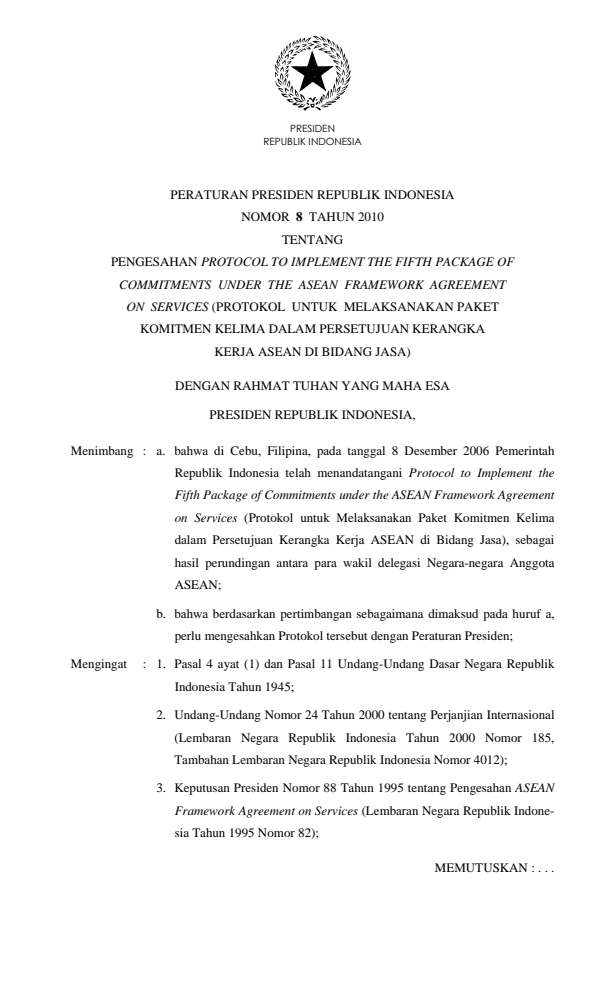 Peraturan Presiden Nomor 8 Tahun 2010