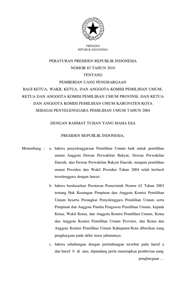 Peraturan Presiden Nomor 83 Tahun 2010