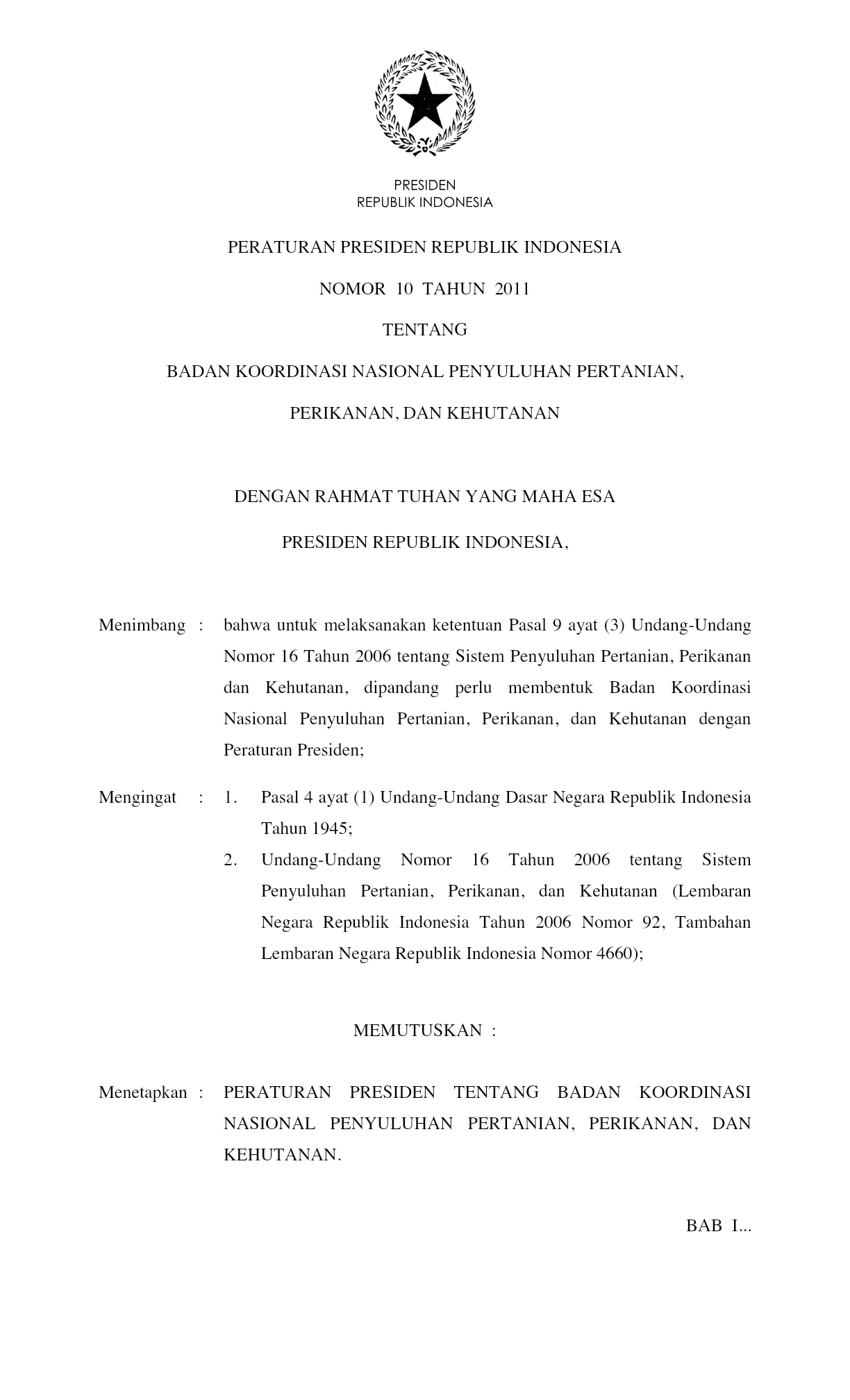 Peraturan Presiden Nomor 10 Tahun 2011