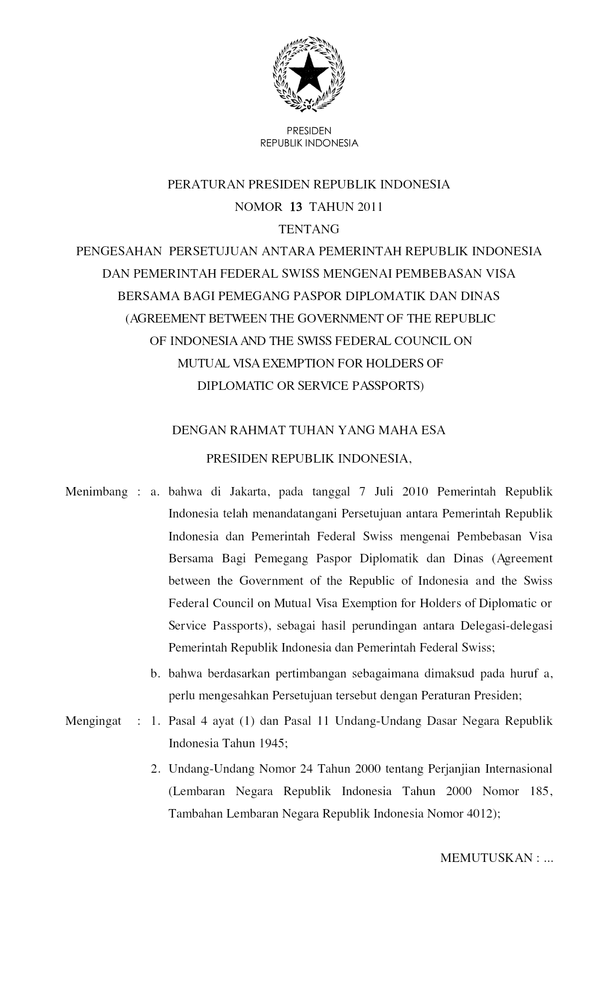 Peraturan Presiden Nomor 13 Tahun 2011