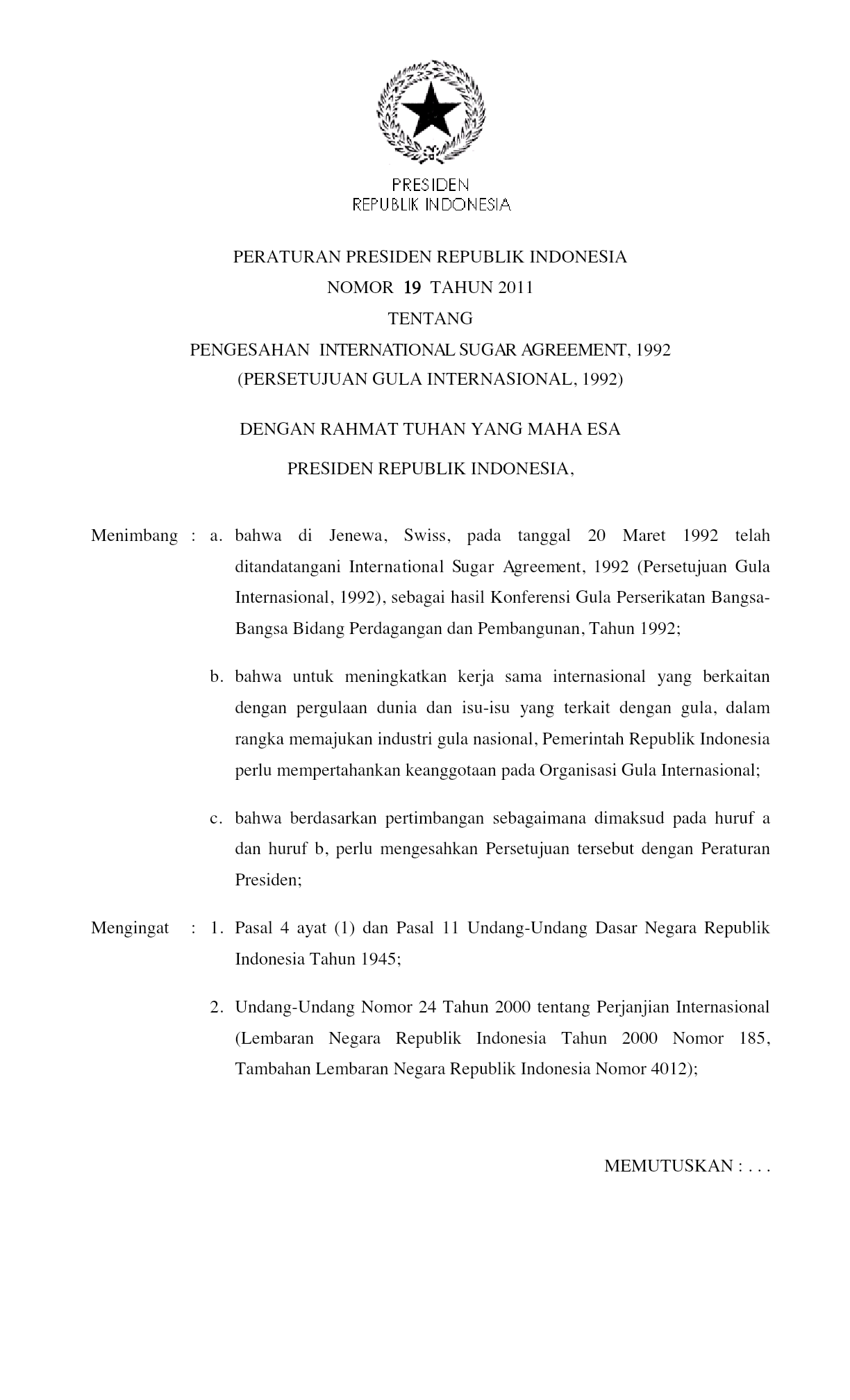 Peraturan Presiden Nomor 19 Tahun 2011