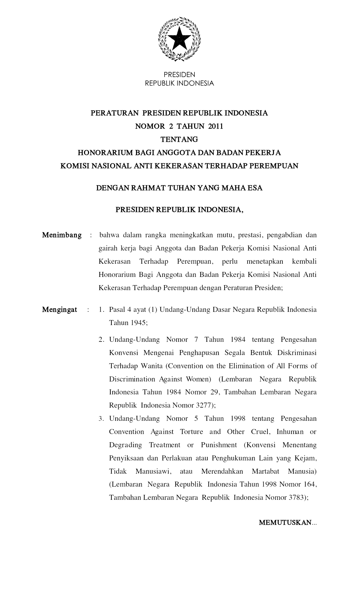 Peraturan Presiden Nomor 2 Tahun 2011